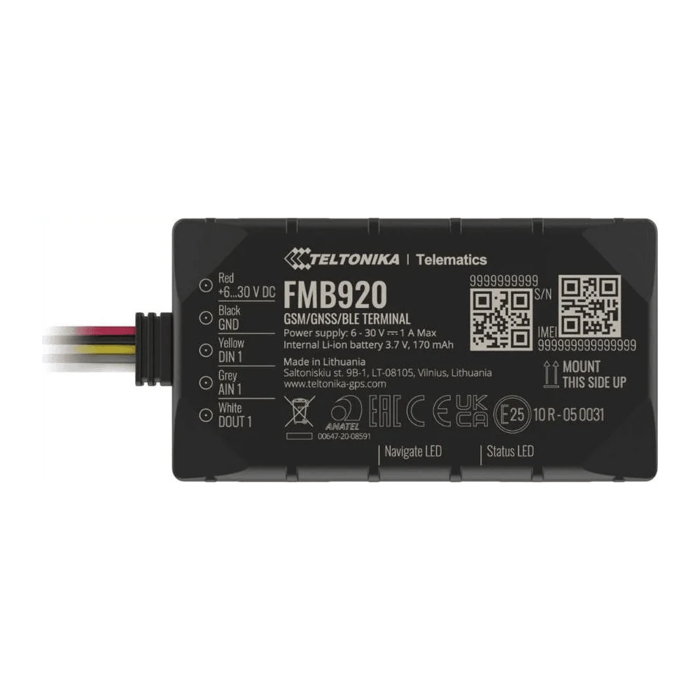 FMB920 label face showing the Navigate LED and Status LED positions alongside the model, IMEI and certification markings